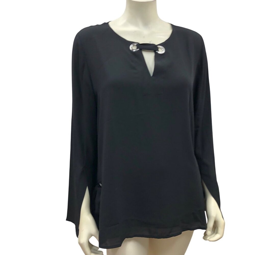 Laurie Felt Womens Black Long Sleeve Blouse With Silver Ring Accent M